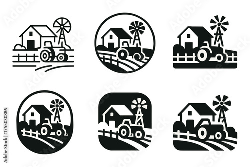 Farmhouse Logo Variations. A rustic farmhouse with a windmill in the distance. Set Logo of A rustic farmhouse with a windmill in the distance: Old tractor
