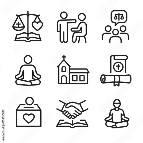Ethical Education Icons. Outline icon set of moral and ethical education: scales of justice with cross, heart and open book,