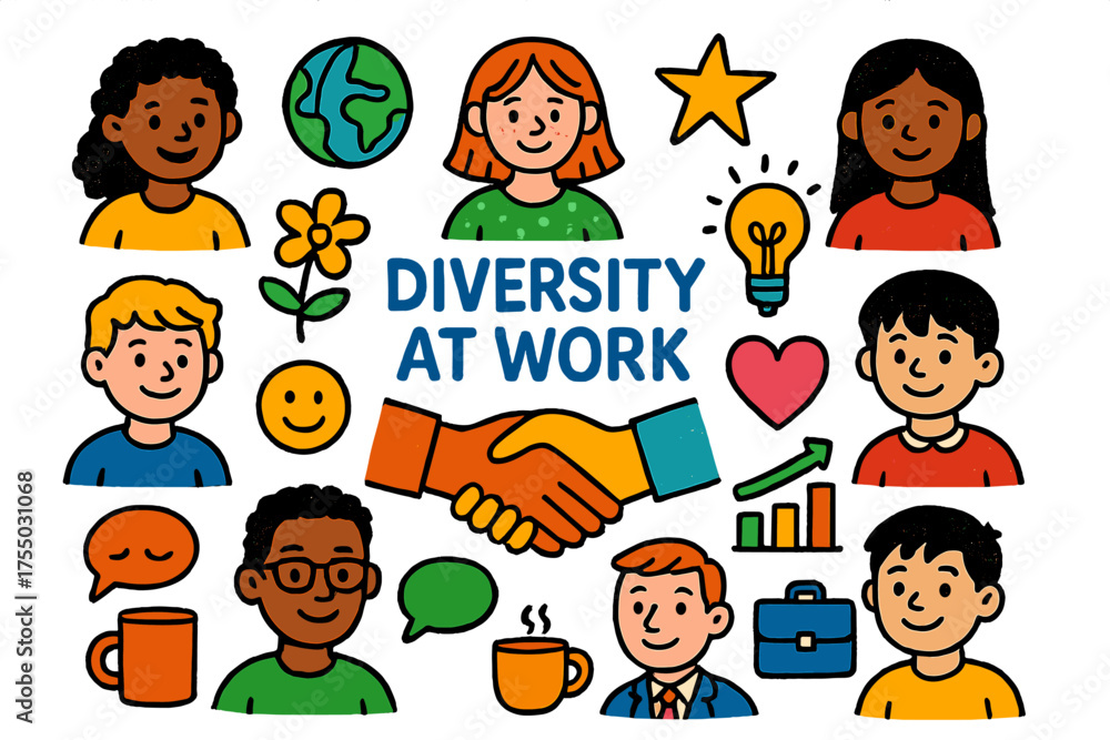 Fototapeta premium Diverse Workplace Icons. Diversity at Work. Colorful Hand-drawn doodle Children illustration people icons, handshake, globe, star, heart, smiley face, light