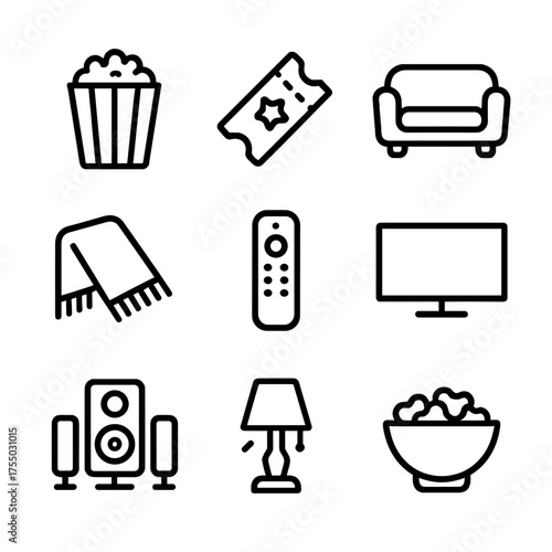 Home Theater Icons. Outline icon set of home theater essentials: popcorn bucket, ticket stub, couch, throw blanket, remote control