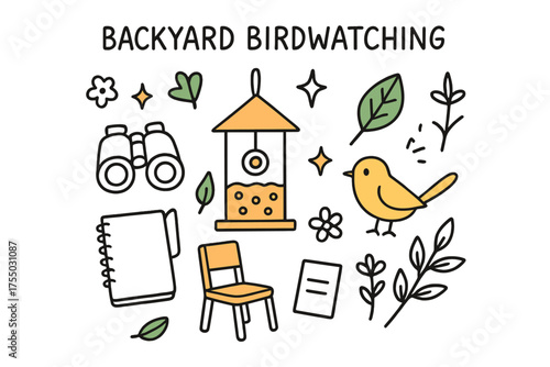 Backyard Birdwatching Doodle. Backyard Birdwatching. Hand-drawn doodle illustration bird feeder (colored), small bird (colored), binoculars, leaf (colored),