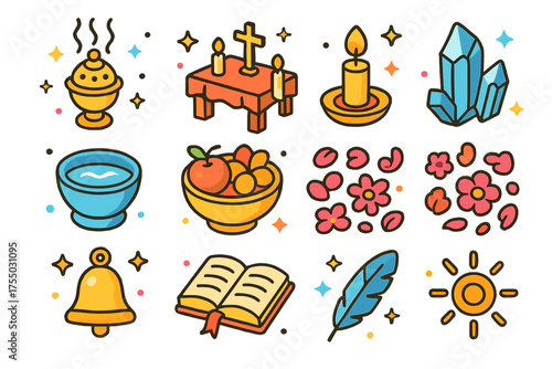 Ritual Icons Collection. Holy Ritual. Colorful isometric vector icons set of holy ritual: incense burner, altar, candle, water bowl, offering bowl, crystal,