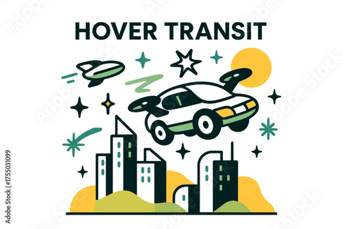 Futuristic Hover Cityscape. Hover Transit. A glowing futuristic city with flying vehicles above skyscrapers, abstract spark and star icons