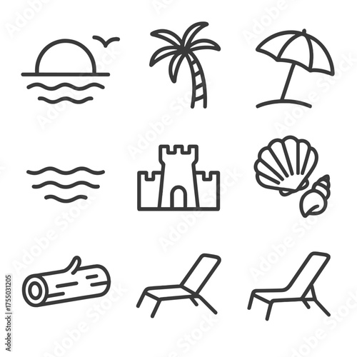 Beach Sunset Icons. Outline icon set of beach sunset scene: sun setting over horizon, palm tree silhouette, seagull in flight,
