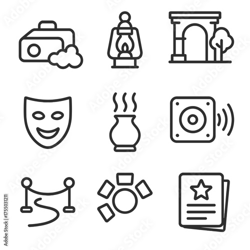 Immersive Theater Icons. Outline icon set of immersive theater: fog machine, dimmed lantern, thematic set, actor mask, scent