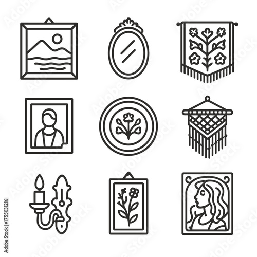 Antique Wall Icons. Outline icon set of antique wall art and decorations: oil painting, vintage mirror, tapestry, sepia photograph