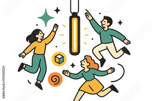 Modern Pendant Illustration. Pendant line. Glowing vertical bar pendant hanging gracefully, sleek and modern. Floating icons of sparkle, cube, and swirl