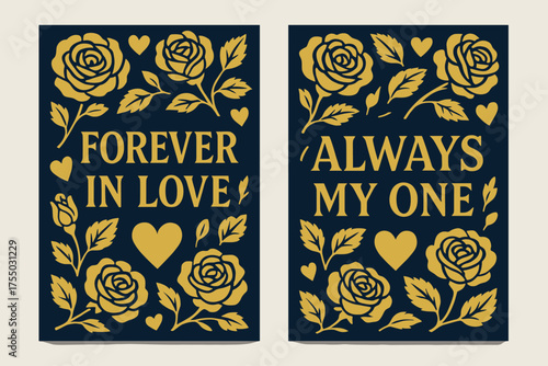 Forever In Love Banners. Forever in love. Two vertical A6 banners with safe margins, centered composition, no elements touching edges, bold, navy and gold,