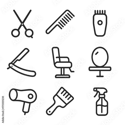 Barber Tools Icons. Outline icon set of barber tools: scissors, comb, clipper, straight razor, barber chair, mirror, hairdryer,
