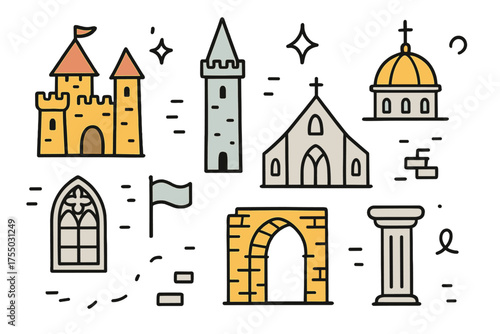 Colorful Historic Doodles. Historic Buildings. Hand-drawn doodle illustration castle (colored), tower (colored), church, dome (colored), window, archway