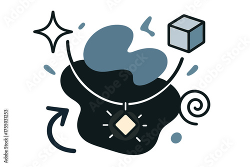 Elegant Geometric Necklace. Minimal pendant. Glowing delicate necklace with small geometric pendant floating at center. Floating icons of sparkle, cube, and