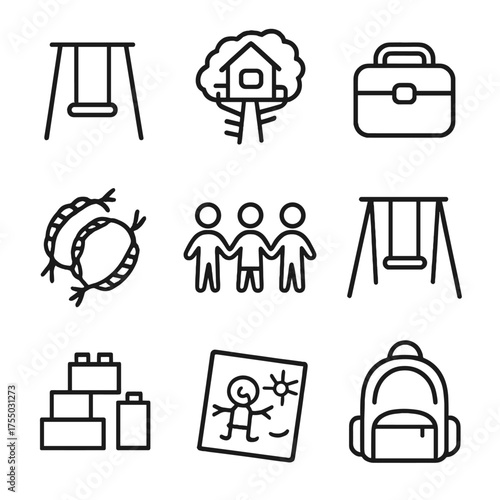 Childhood Icons Collection. Outline icon set of childhood friendships: playground swing, treehouse, lunchbox, friendship bracelets