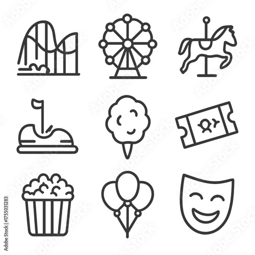 Amusement Park Icons. Outline icon set of amusement park laughter: roller coaster, ferris wheel, carousel horse, bumper car,