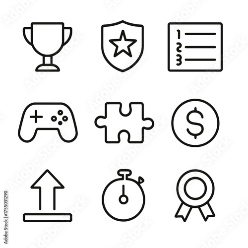 Educational Gamification Icons. Outline icon set of gamification in education: trophy cup, badge, leaderboard, game controller,