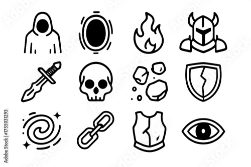 Ethereal Darkness Icon Set. Ethereal darkness. Line icon set of Ethereal darkness: shadowy figure, void portal, eerie flame, dark knight, cursed sword, skull,