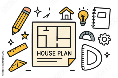 Colorful Blueprint Doodle. House Plan. Hand-drawn doodle illustration blueprint (colored), pencil (colored), ruler (colored), sparkle, star, protractor,