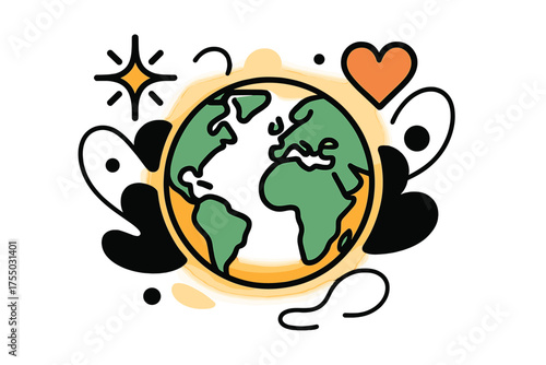 Glowing Earth Icons. Earth View. A glowing Earth with continents and oceans, abstract floating spark and heart icons symbolizing life. Modern flat-line