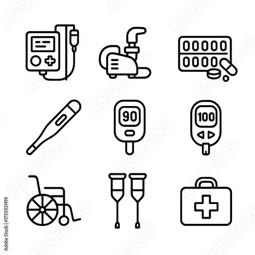 Home Medical Equipment Icons. Outline icon set of home medical equipment: infusion pump, nebulizer, medication dispenser, digital