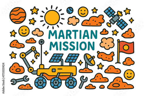 Martian Adventure Doodle. Martian Mission. Colorful Hand-drawn doodle Children illustration rover, wheels, robot arm, solar panels, antenna, Martian rocks,