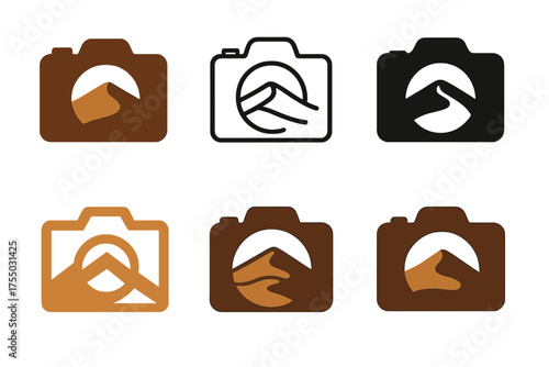 Photography Expedition Logos. Photography expeditions in extreme environments. Set Logo of Photography expeditions in extreme environments: desert sand dune.