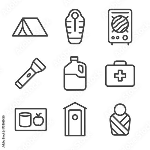 Emergency Shelter Icons. Outline icon set of emergency shelter services: tent, sleeping bag, heater, flashlight, water jug, first
