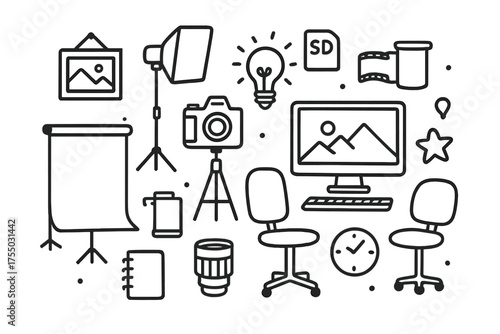 Studio Work Essentials. Studio work. Hand-drawn doodle illustration studio work camera, tripod, computer, chair, photo frame, softbox, backdrop, notebook,