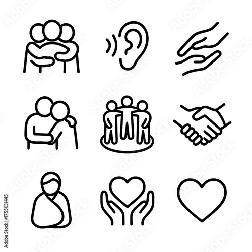 Emotional Support Icons. Outline icon set of emotional support: group hug, open ear listening, helping hand, phone helpline,