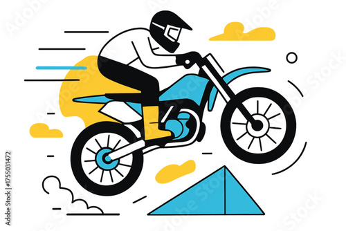 Motocross Jump Graphics. Motocross Jump. Rider on abstract motocross bike jumping over geometric ramp, floating motion lines and dust shapes, dynamic