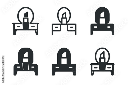 Vanity Logo Variations. Arranging cosmetics and skincare in a vanity. Set Logo of Arranging cosmetics and skincare in a vanity: lipstick tube. harmonious logo