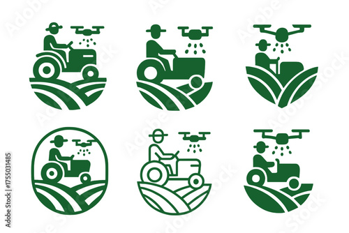 Farmers Logo Variations. Farmers Working the Land with Machinery. Set Logo of Farmers Working the Land with Machinery: drone spraying crops. harmonious logo