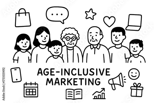 Inclusive Marketing Icons. Age-inclusive marketing. Hand-drawn doodle illustration inclusive marketing people figures of different ages, speech bubble, heart,