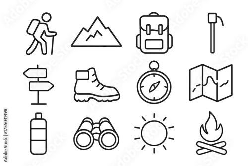 Mountain Exploration Icons. Mountain exploration. Line icon set of Mountain exploration: hiker, mountain peak, backpack, trekking pole, trail sign, hiking
