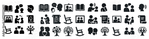 Reading and family solid icons set – filled, silhouette, education and parenting symbols