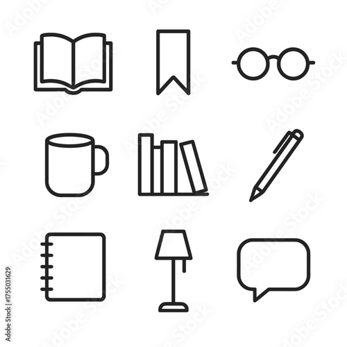 Book Club Icons. Outline icon set of co-reading and book clubs: open book, bookmark, reading glasses, coffee mug, bookshelf, pen,
