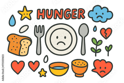 Hungry Children's Doodle. Hunger. Colorful Hand-drawn doodle Children illustration empty plate, spoon, fork, sad face, rice grain, bread, heart, star, water