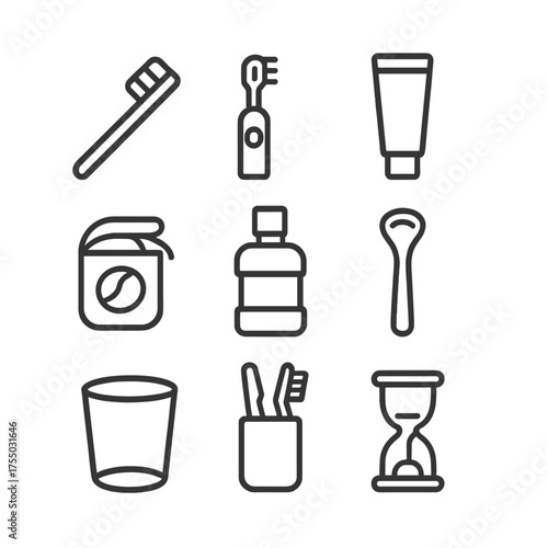 Brushing Essentials Icons. Outline icon set of Daily brushing essentials: manual toothbrush, electric toothbrush, toothpaste tube,