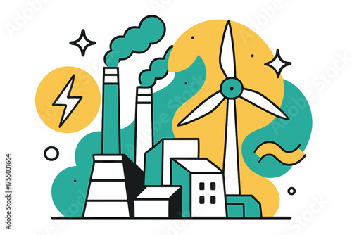 Glowing Energy Complex. Energy Plant. A glowing industrial complex with tall chimneys and turbines, abstract spark and wave icons symbolizing energy. Modern
