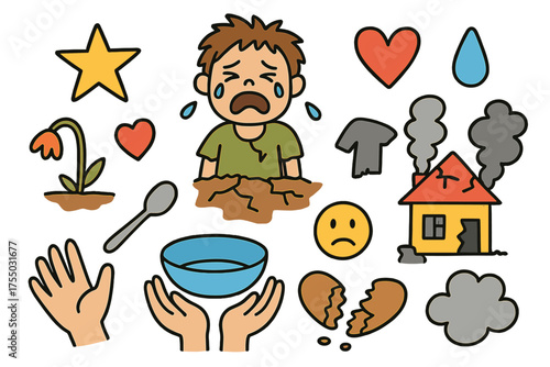 War Hunger Symbols. Hunger During War. Colorful Hand-drawn doodle Children illustration empty bowl, broken bread, crying face, star, heart, sad smiley, cracked
