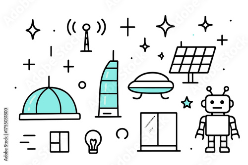Futuristic Cityscape Doodles. Futuristic Buildings. Hand-drawn doodle illustration dome structure (colored), glass tower (colored), antenna, solar panel
