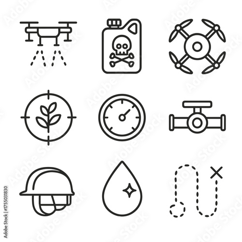 Drone Spraying Icon Set. Outline icon set of precision spraying drones: spray nozzles, pesticide tank, stabilizer rotors, target