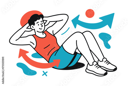 Oblique Crunch Illustration. Oblique Crunch. Person performing oblique crunch targeting side abs, floating abstract arrows and geometric shapes showing