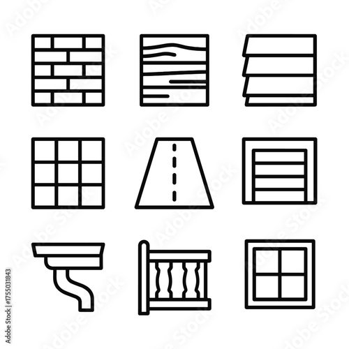 Exterior Surfaces Icons. Outline icon set of exterior surfaces to clean: brick wall, wooden siding, vinyl panel, concrete patio,