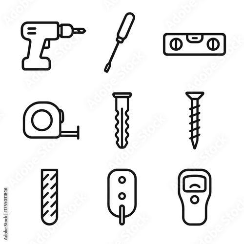 Hook Installation Icons. Outline icon set of hook installation tools: drill, screwdriver, level, measuring tape, wall anchor,