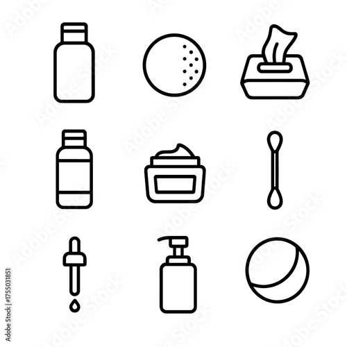 Eye Care Icon Set. Outline icon set of eye makeup removal and care: makeup remover bottle, cotton pad, cleansing wipe, micellar