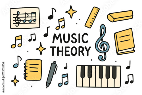 Musical Elements Doodle. Music Theory. Hand-drawn doodle illustration sheet music (colored), piano keys (colored), treble clef (colored), sparkle, star, notes,