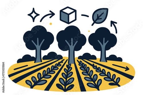 Lively Agricultural Scene. Trees with crops. Glowing field where tall trees stand between neat rows of vegetables. Floating icons of sparkle, cube, and leaf