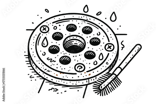 Floor Drain Illustration. Floor Drain Cover Close-Up. Hand-drawn doodle illustration floor drain cover close-up round grate, holes, screws, water drops, metal