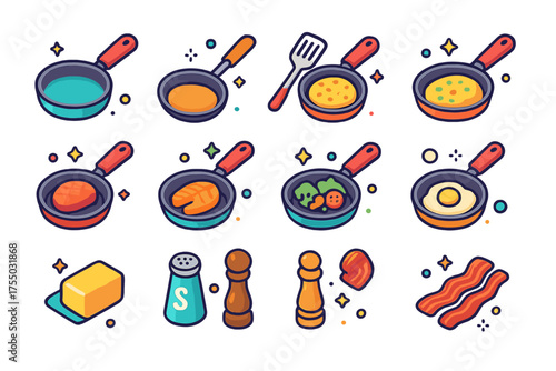 Colorful Cooking Icons. Cooking Pan. Colorful isometric vector icons set of cooking pan: frying pan, spatula, pancake, omelet, steak, fish fillet, vegetables,