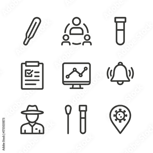 Disease Monitoring Icons. Outline icon set of disease surveillance tools: thermometer, contact tracing, lab test tube, case report