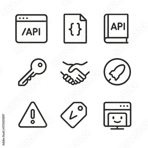 API Integration Icons. Outline icon set of API integration workflows: API endpoint, JSON payload, documentation book, API key,